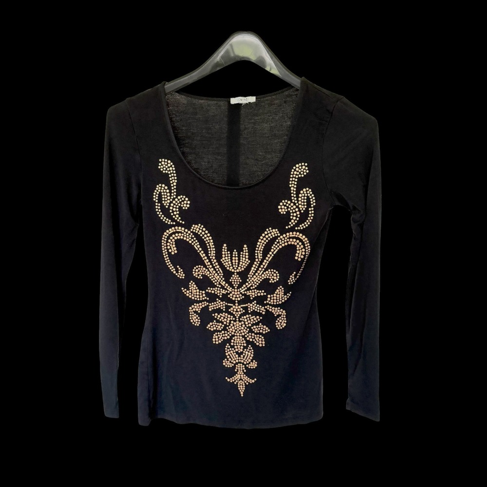Y2K Cache Womens Black Gold Studded Long Sleeve Scoop Neck Top RN74578